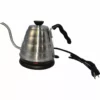 The Hario Power Drip Kettle Buono, a stainless steel electric gooseneck kettle with a black handle and lid, rests on its round black base with a power cord extending from it. © 2025 1st-line.com