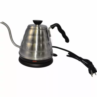 The Hario Power Drip Kettle Buono, a stainless steel electric gooseneck kettle with a black handle and lid, rests on its round black base with a power cord extending from it. © 2025 1st-line.com