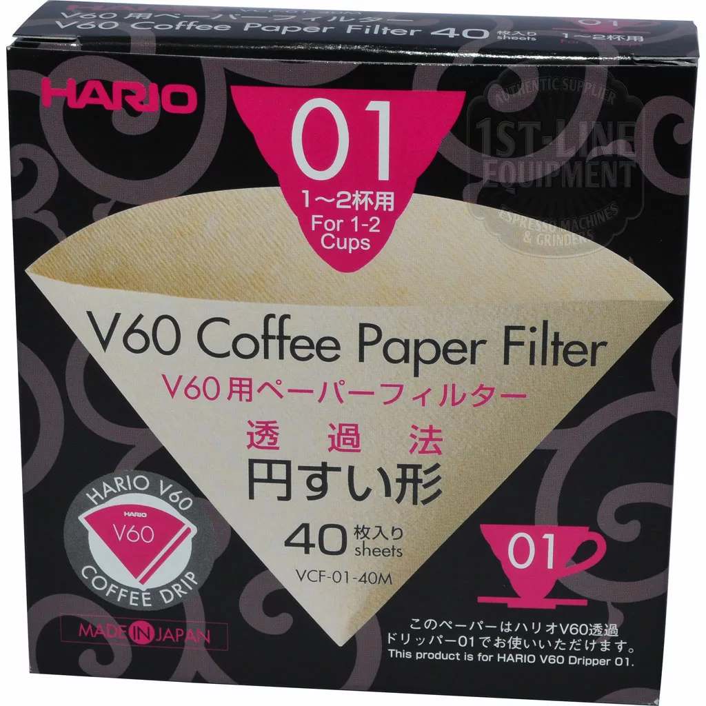 The Hario V60 01 Misarashi Unbleached Paper Filters (40 count) come in a black box with pink and white English and Japanese text, plus a large filter illustration, designed for making 1-2 cups. © 2025 1st-line.com