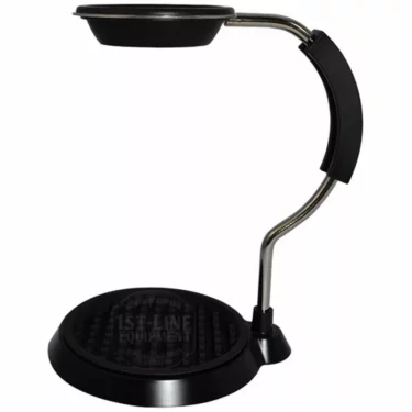 The Hario V60 Metal Arm Coffee Dripper Stand features a black and silver finish, a round drip tray, curved metal arm, and circular platform—ideal for holding an espresso portafilter or supporting your Hario V60. © 2025 1st-line.com