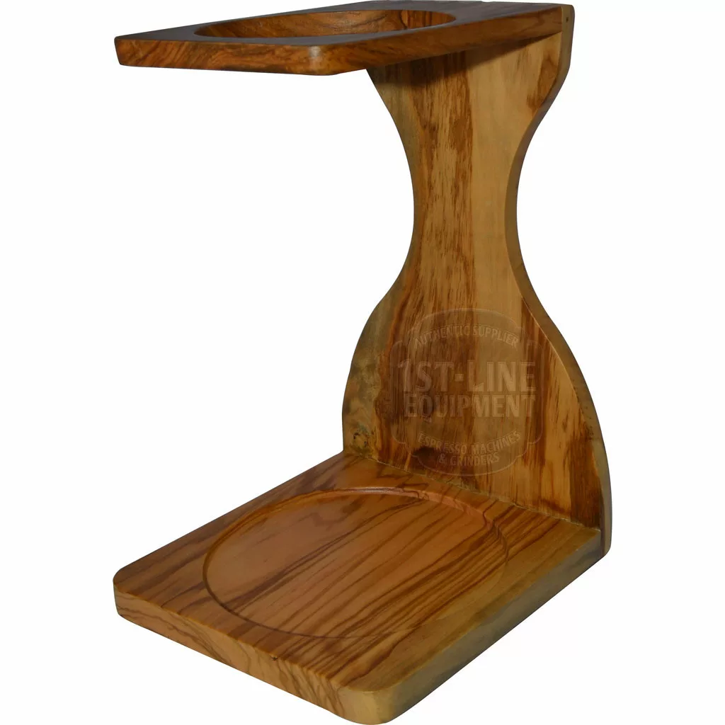 The Hario V60 Olive Wood Coffee Dripper Stand features a rectangular base, a curved support, two circular indents, and natural grain patterns—perfect for displaying your V60 with style. © 2025 1st-line.com