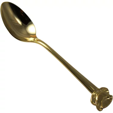 The HIC Demitasse Spoon in gold color stainless features a sculpted rose detail at the handle’s end, displayed on a plain white background. © 2025 1st-line.com