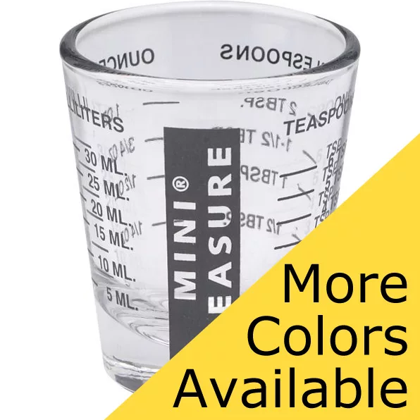 The HIC Mini Measure Shot Glass - 1 oz features clear measurement markings for milliliters, ounces, and teaspoons. A yellow banner reads More Colors Available. Ideal for accurate pours and recipes. © 2025 1st-line.com
