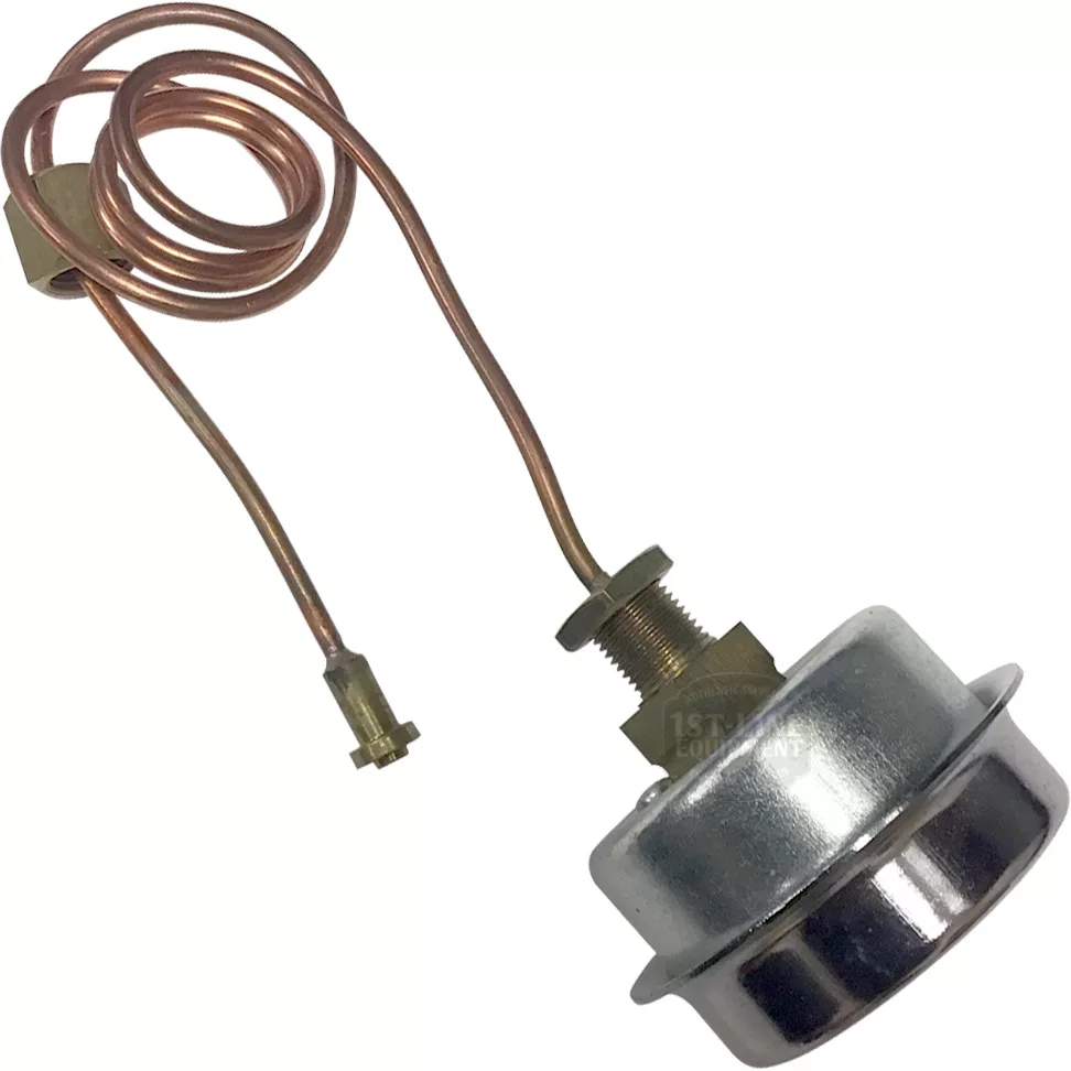 The Isomac 000134 Boiler Pressure Gauge features a coiled copper capillary tube, threaded brass fitting, and round metallic probe—perfectly suited as a replacement sensor for Isomac espresso machines. © 2025 1st-line.com
