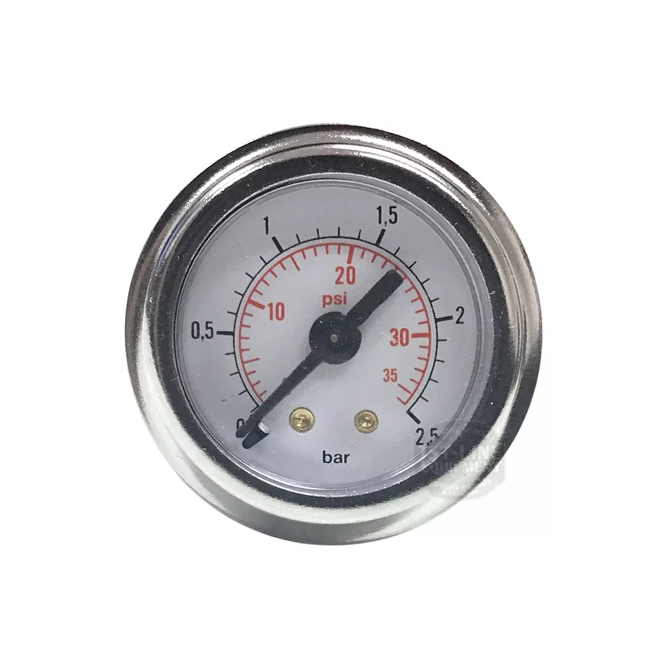 The Isomac 000134 Boiler Pressure Gauge features a round analog design with a silver rim, white face, and black needle. It displays 0–2 bar (black) and 0–30 psi (red) scales—perfect for Isomac machines. © 2025 1st-line.com
