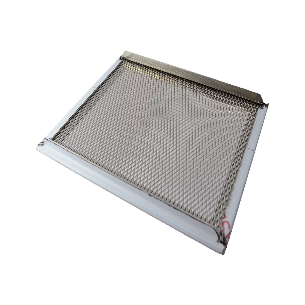 The Isomac 000306 Zaffiro Drip Tray Cover is a rectangular, tightly woven metal mesh screen with a white frame, shown slightly angled on a white background. It’s designed specifically for Isomac espresso machines. © 2025 1st-line.com
