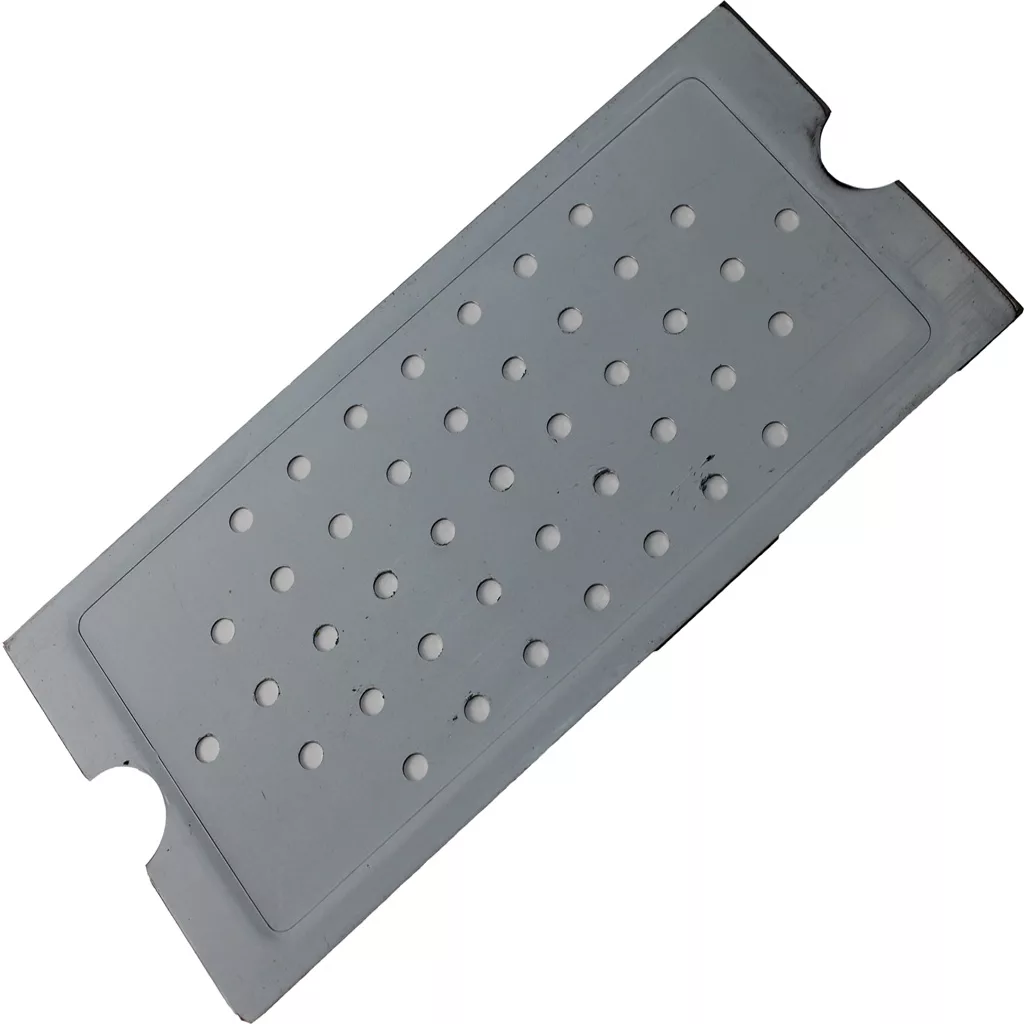 The Isomac 000365 Viper Drip Tray Cover Stainless Steel is a rectangular plate with rounded corners, two semicircular cutouts on opposite sides, and rows of circular holes in the center. © 2025 1st-line.com