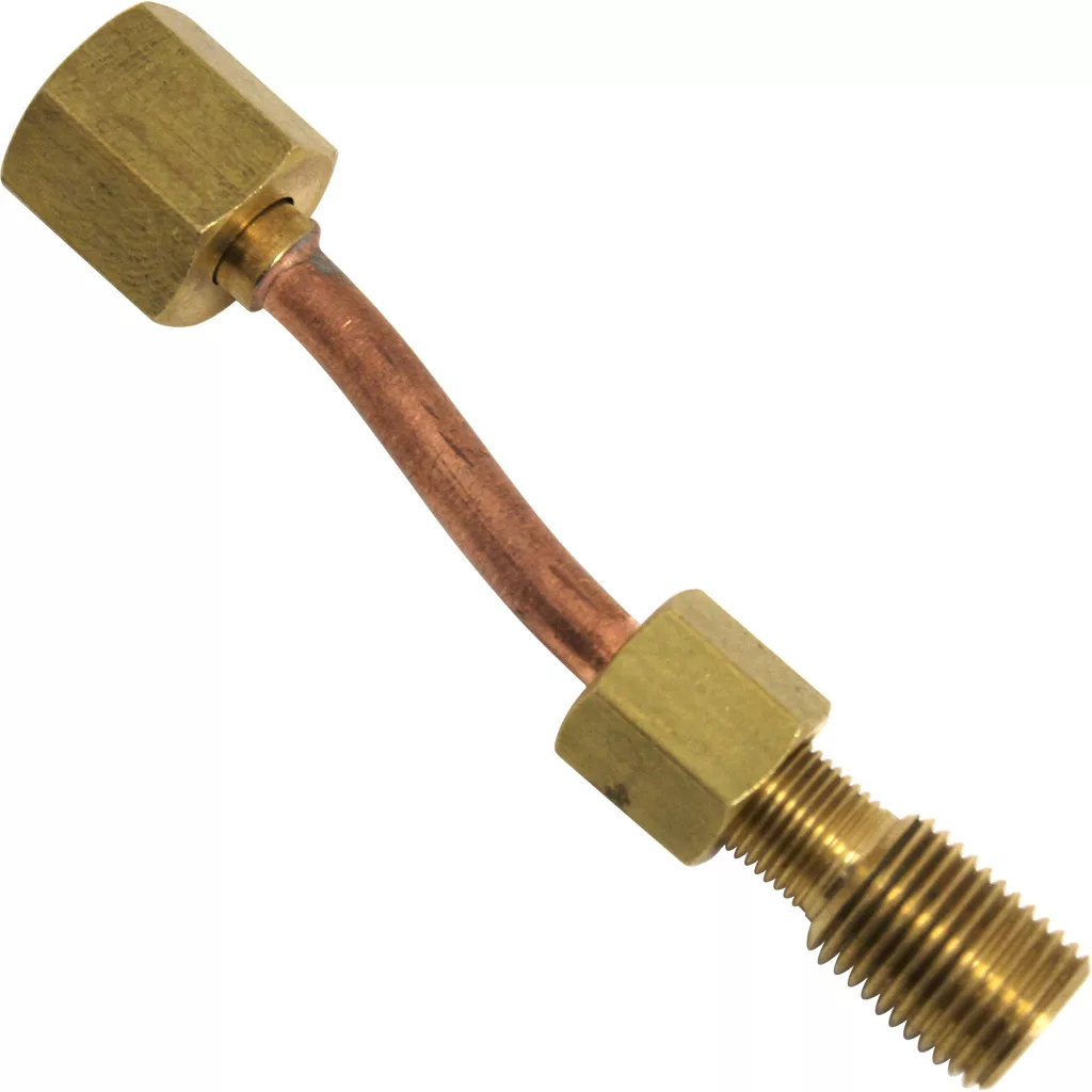 The Isomac 000608A Steam Valve Pipe - Venus 2011 & up is a brass and copper plumbing fitting with a curved copper tube between a hexagonal nut and a threaded connector. © 2025 1st-line.com