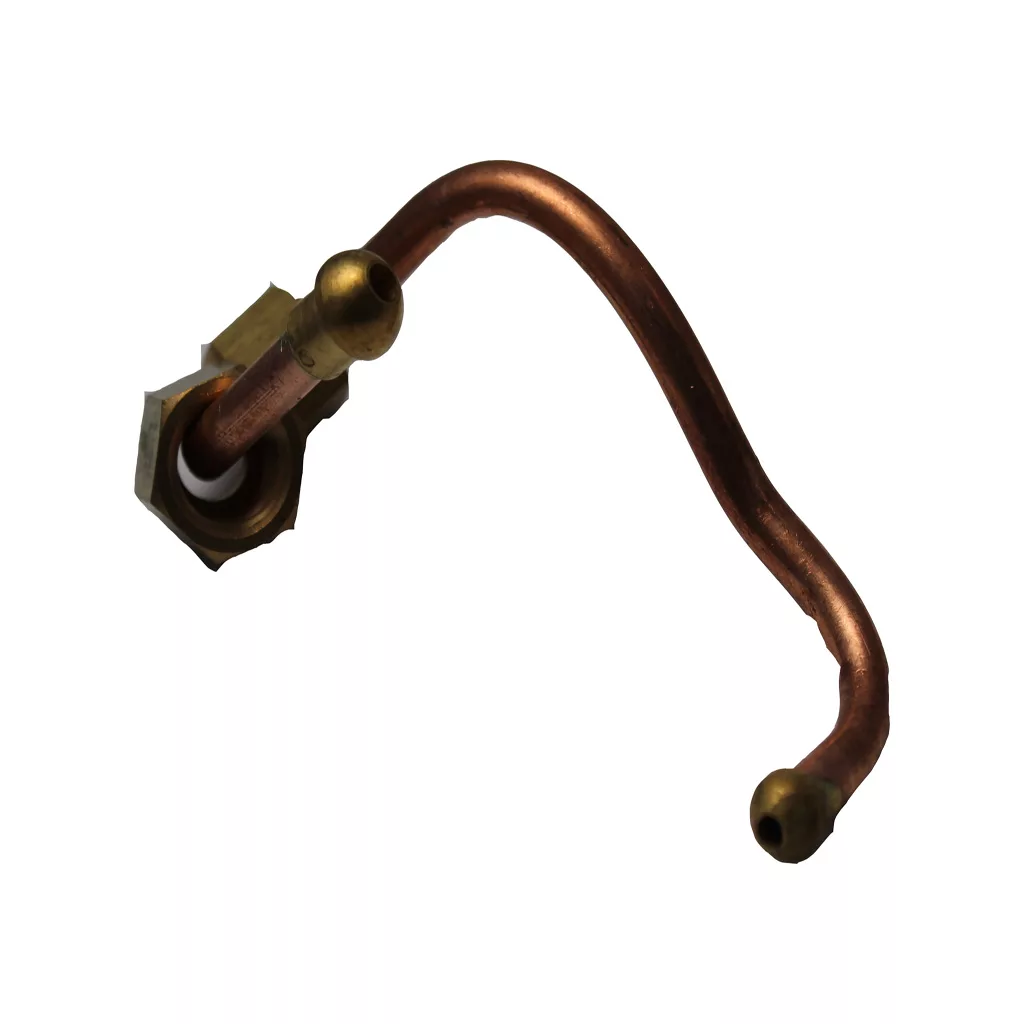 The Isomac 000652 Pressurestat Pipe - Mondiale is a curved copper pipe with brass fittings at both ends, shown isolated on a white background. © 2025 1st-line.com