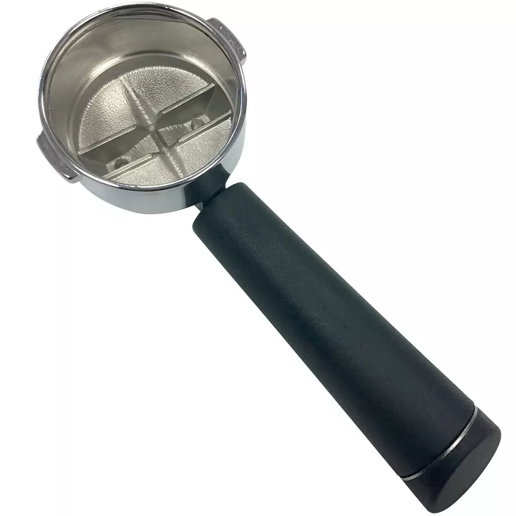 The Isomac 999926 53mm Dual Spout Portafilter features a metal body, black handle, and flat divided filter basket, shown on a white background. © 2025 1st-line.com