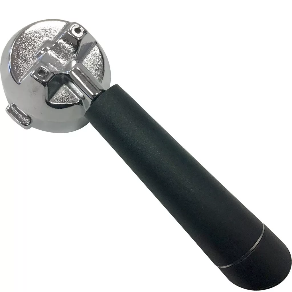 The Isomac 999926 53mm Dual Spout Portafilter, featuring a black handle and compatible with Isomac machines, is displayed from an angled side view against a white background. © 2025 1st-line.com