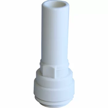 The JG 1/2 Stem x 3/8 Tube Reducer Polypro is a white, cylindrical fitting that widens at the base with threading and narrows smoothly towards the top. © 2025 1st-line.com