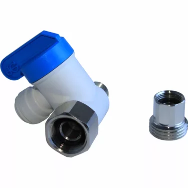 The JG Angle Stop Adapter Valve 1/2 x 3/8 x 3/8, adjustable for 1/2 or 3/8 main, is shown in white plastic with a blue lever and metal fittings, next to a separate metal connector on a white background. © 2025 1st-line.com