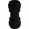 The JG Union Socket/Connector 15 mm Black Acetal is a black cylindrical push-fit connector with two identical ends for joining pipes in plumbing or irrigation systems. © 2025 1st-line.com