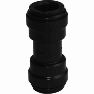 The JG Union Socket/Connector 15 mm Black Acetal is a black cylindrical push-fit connector with two identical ends for joining pipes in plumbing or irrigation systems. © 2025 1st-line.com