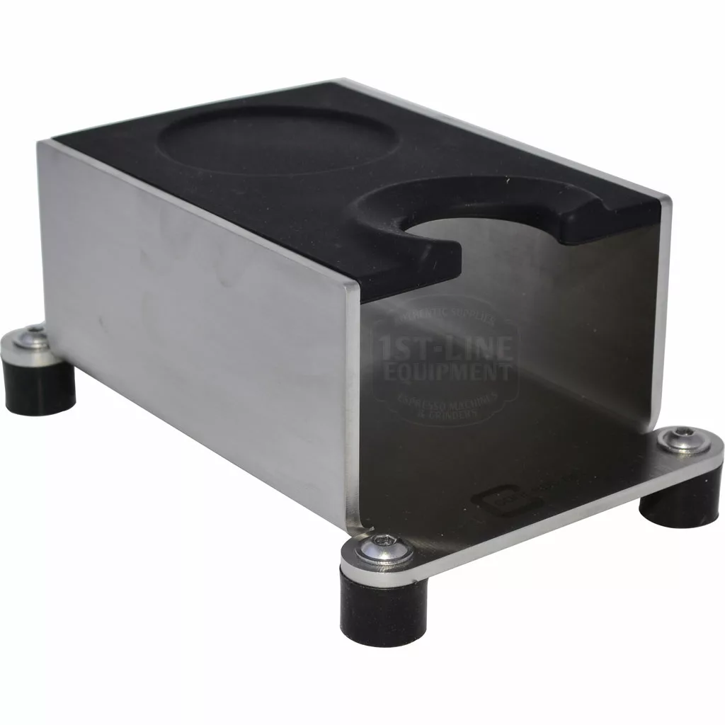 The Joe Frex knock box features stainless steel construction, a black rubber top, and sturdy black feet for holding used coffee grounds during espresso prep—perfect to pair with your Joe Frex/Concept Art Silicone Tamping Station. © 2025 1st-line.com