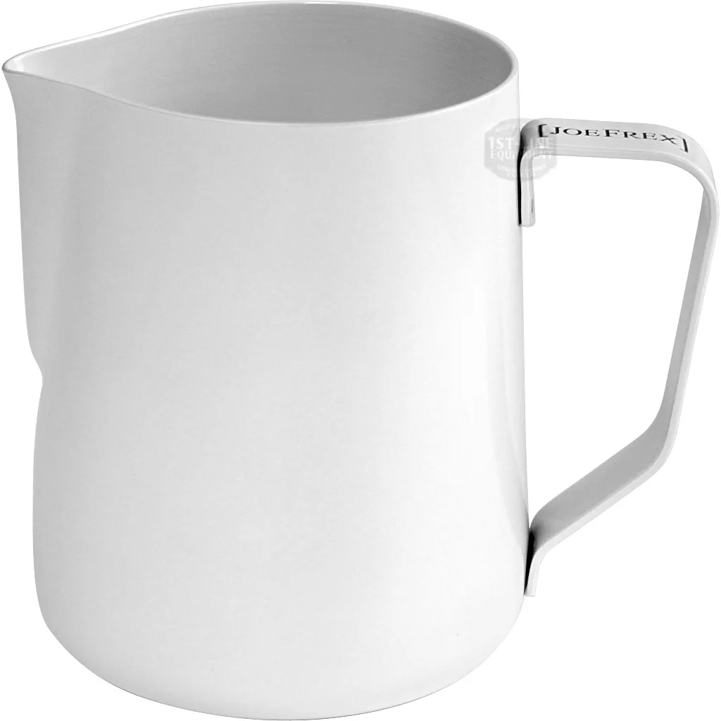 The Joe Frex Milk Pitcher - 20 oz, white is a modern metal frothing pitcher with a spout, flat angular handle engraved with JOEFREX, combining style and function for perfect milk foam. © 2025 1st-line.com