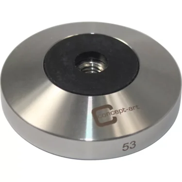 The Joe Frex/Concept Art 53mm Tamper Base is stainless steel with a brushed finish, Joe Frex Concept-art and 53 engraved on the side, and features a black recessed center section with a threaded hole. © 2025 1st-line.com