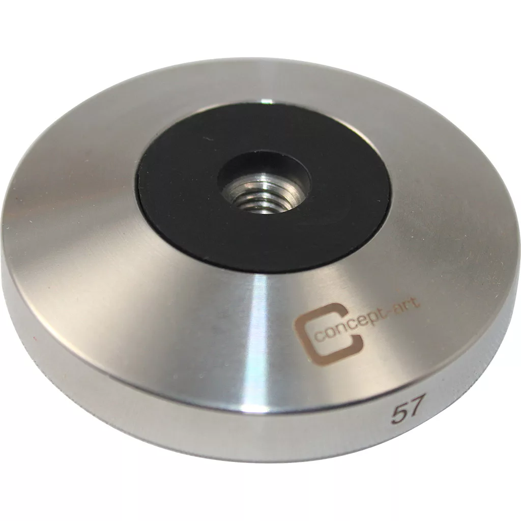 The Joe Frex/Concept Art 57mm Tamper Base is a round stainless steel base with a brushed silver finish, black inner ring, central threaded hole, and the Concept-Art logo with 57 engraved—perfect for your espresso tamping needs. © 2025 1st-line.com