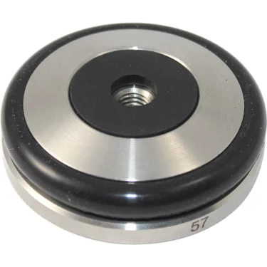 The Joe Frex/Concept Art 57mm Tamper Base w/ Knock Ring is a stainless steel leveling foot with a threaded hole, black ring, and 57 marking—commonly used as a machine support pad or tamper base. © 2025 1st-line.com