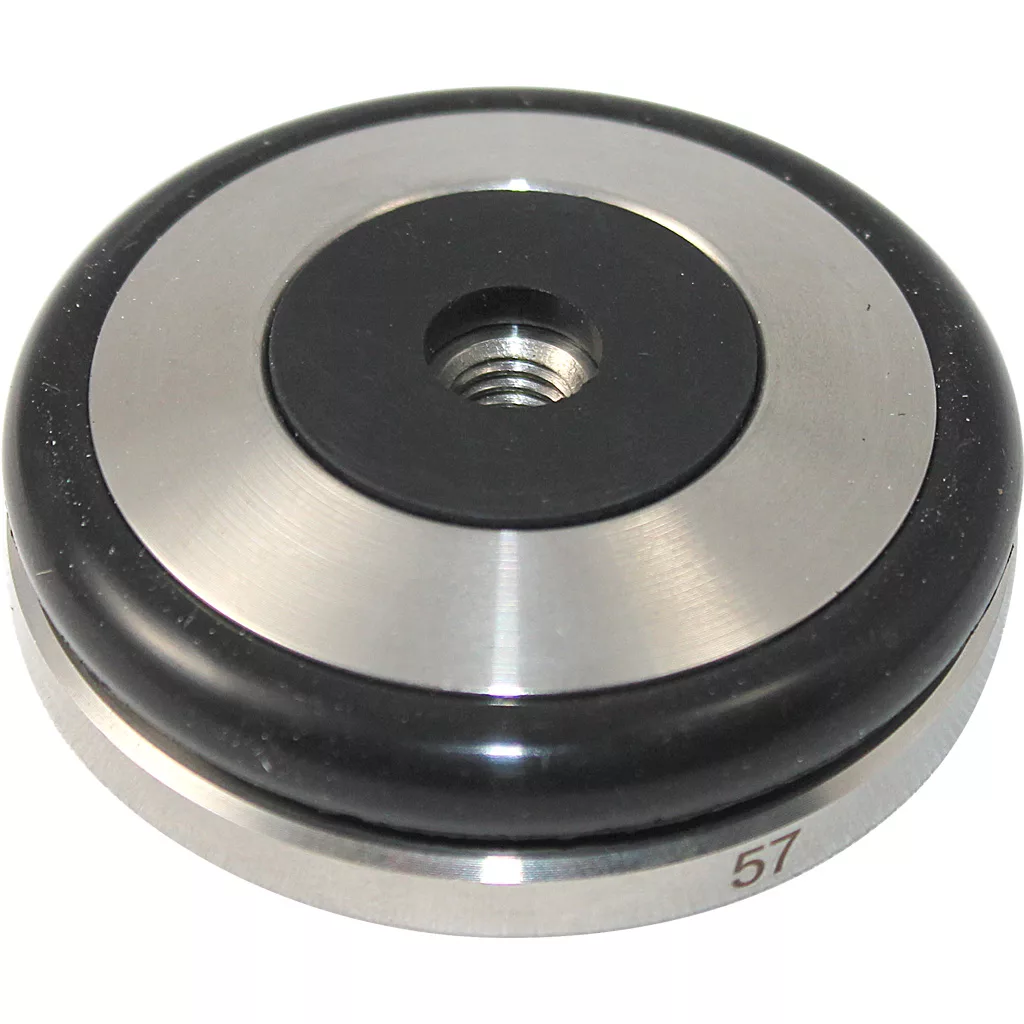The Joe Frex/Concept Art 57mm Tamper Base w/ Knock Ring is a stainless steel leveling foot with a threaded hole, black ring, and 57 marking—commonly used as a machine support pad or tamper base. © 2025 1st-line.com