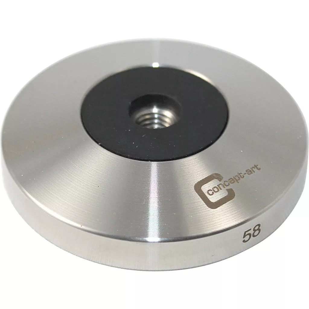 The Joe Frex/Concept Art 58mm Tamper Base is a stainless steel, flat, circular espresso tamper base with a central threaded hole and Concept-art branding; 58 engraved on the side indicates its 58mm diameter. © 2025 1st-line.com