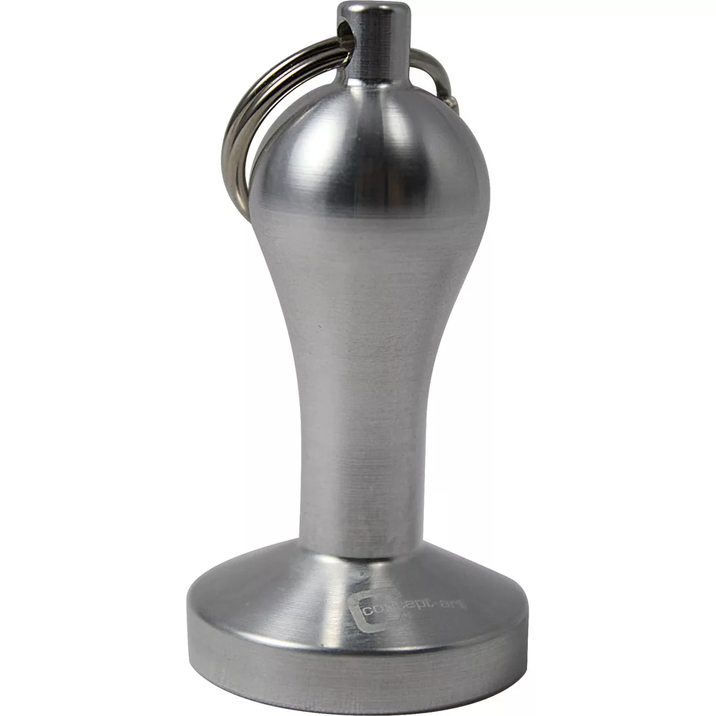 The Joe Frex/Concept Art Tamper Keychain - 29mm is a stainless steel, round-base tamper with a keyring, ideal for tamping coffee grounds in espresso portafilters. © 2025 1st-line.com