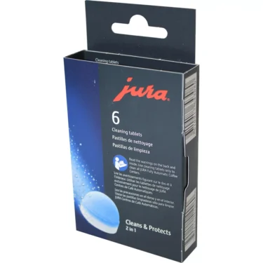 The Jura 64308 ACC Cleaning Tablets - 2 phase come in black packaging with a blue tablet image and multilingual text stating Cleans & Protects, designed for use with coffee machines. © 2025 1st-line.com