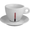 The Kimbo Cappuccino Cup & Saucer - large, 9.5 fl oz, features a white ceramic cup with red KIMBO lettering, a small handle, modern design, and comes with a matching white saucer. © 2025 1st-line.com