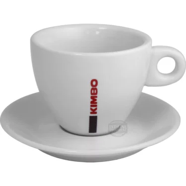 The Kimbo Cappuccino Cup & Saucer - large, 9.5 fl oz, features a white ceramic cup with red KIMBO lettering, a small handle, modern design, and comes with a matching white saucer. © 2025 1st-line.com