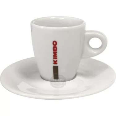The Kimbo Espresso Cup & Saucer - 3 fl oz features a handle and bold red vertical KIMBO text on its cup, elegantly paired with a matching white saucer. © 2025 1st-line.com