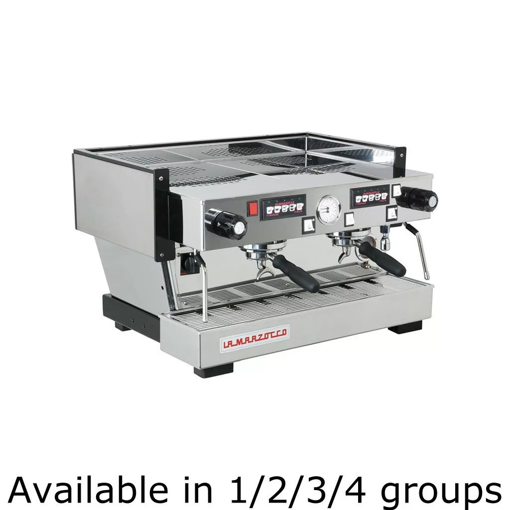 The La Marzocco Linea Classic S AV Commercial Espresso Machine features two group heads, steam wands, and a central pressure gauge. Available in 1, 2, 3, or 4 group configurations. © 2025 1st-line.com