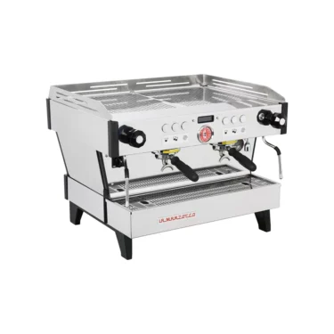 The La Marzocco Linea PB AV Commercial Espresso Machine features stainless steel construction, dual group heads, steam wands, and multiple controls. It is pictured against a white background. © 2025 1st-line.com