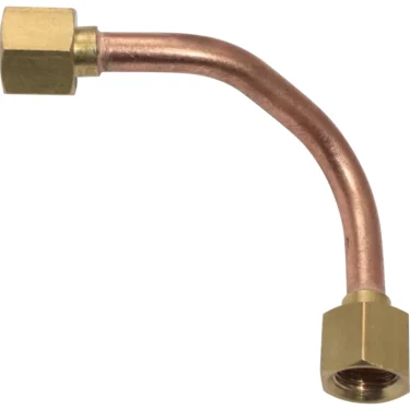 The La Nuova Era NE.B2 Copper Pipe features a curved design with hexagonal brass fittings on both ends, ideal for plumbing or refrigeration connections and fully compatible with La Nuova Era systems. © 2025 1st-line.com
