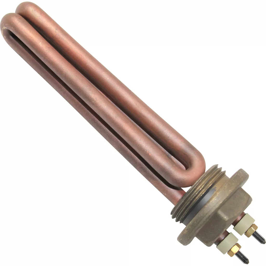 The La Nuova Era NE045003 1200W 110V copper-colored heating element features a threaded base and two connectors, shown against a white background. © 2025 1st-line.com