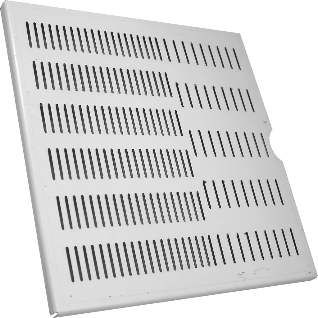The La Nuova Era NE072010 Cup Warmer Tray is a white rectangular metal vent cover with evenly spaced horizontal slits and a small semicircular notch on one side, shown against a plain white background. © 2025 1st-line.com