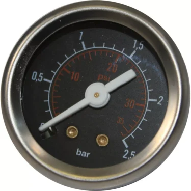 The La Nuova Era NE444 Steam Pressure Gauge features a round analog display measuring steam pressure in bar and psi, with a white needle indicating between 0.5–1 bar and 10–20 psi on a bold black background. © 2025 1st-line.com