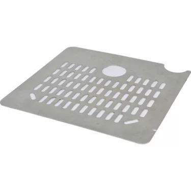 The La Nuova Era NE445N for Drip Tray Grill is a rectangular metal cover with rounded corners, horizontal slots, a circular hole, and a small edge notch to aid water drainage. © 2025 1st-line.com