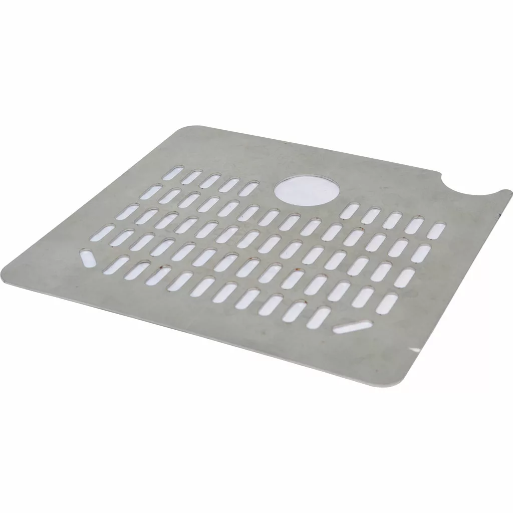 The La Nuova Era NE445N for Drip Tray Grill is a rectangular metal cover with rounded corners, horizontal slots, a circular hole, and a small edge notch to aid water drainage. © 2025 1st-line.com