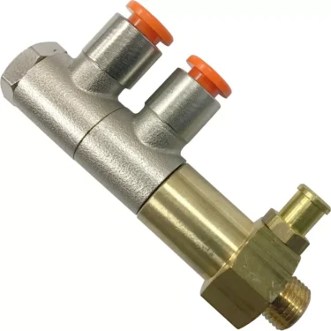 The La Nuova Era NE475 Brass Valve Assembly features two silver cylindrical ports with orange caps and a brass base with a threaded connector and side nozzle. © 2025 1st-line.com