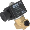The La Nuova Era NE476 115V 2 Way Solenoid Valve features a black ZB09 coil and brass body, marked with voltage, frequency, power, and certification—ideal for use in La Nuova Era machines. © 2025 1st-line.com