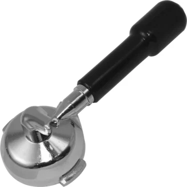 The La Nuova Era NEPORTAF1TZ 58mm Single Spout Portafilter, featuring a black handle, is displayed on a white background and is designed for holding coffee grounds in La Nuova Era espresso machines. © 2025 1st-line.com