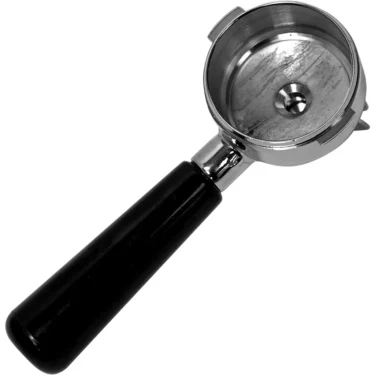 The La Pavoni 255P-101 Assembled Coffee Handle Chrome—NO BASKET features a chrome portafilter with a black handle, displayed at an angle to highlight its robust build, isolated on a white background. © 2025 1st-line.com