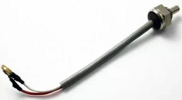 The La Spaziale 8919 Temperature Sensor/Probe 1/8 Cablata has a metal probe with a threaded end, linked to a gray insulated cable revealing red and white wires with terminal connectors at the other end. © 2025 1st-line.com