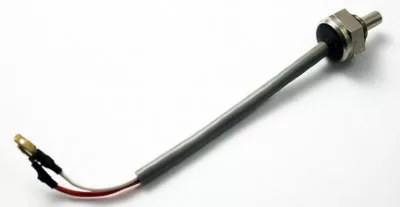 The La Spaziale 8919 Temperature Sensor/Probe 1/8 Cablata has a metal probe with a threaded end, linked to a gray insulated cable revealing red and white wires with terminal connectors at the other end. © 2025 1st-line.com