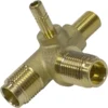 The Lelit 2200065 Steam Valve Body is a brass T-shaped fitting with three threaded male ends and one smaller vertical nozzle, perfect for connecting pipes or hoses as part of a steam valve assembly. © 2025 1st-line.com