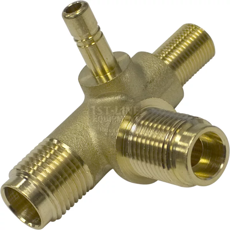 The Lelit 2200065 Steam Valve Body is a brass T-shaped fitting with three threaded male ends and one smaller vertical nozzle, perfect for connecting pipes or hoses as part of a steam valve assembly. © 2025 1st-line.com