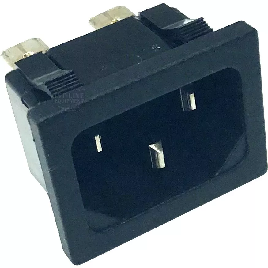 The Lelit 9600008 Power Receptacle is a rectangular black panel-mount AC power inlet with three metal prongs, commonly used on Lelit electronic devices and appliances. © 2025 1st-line.com