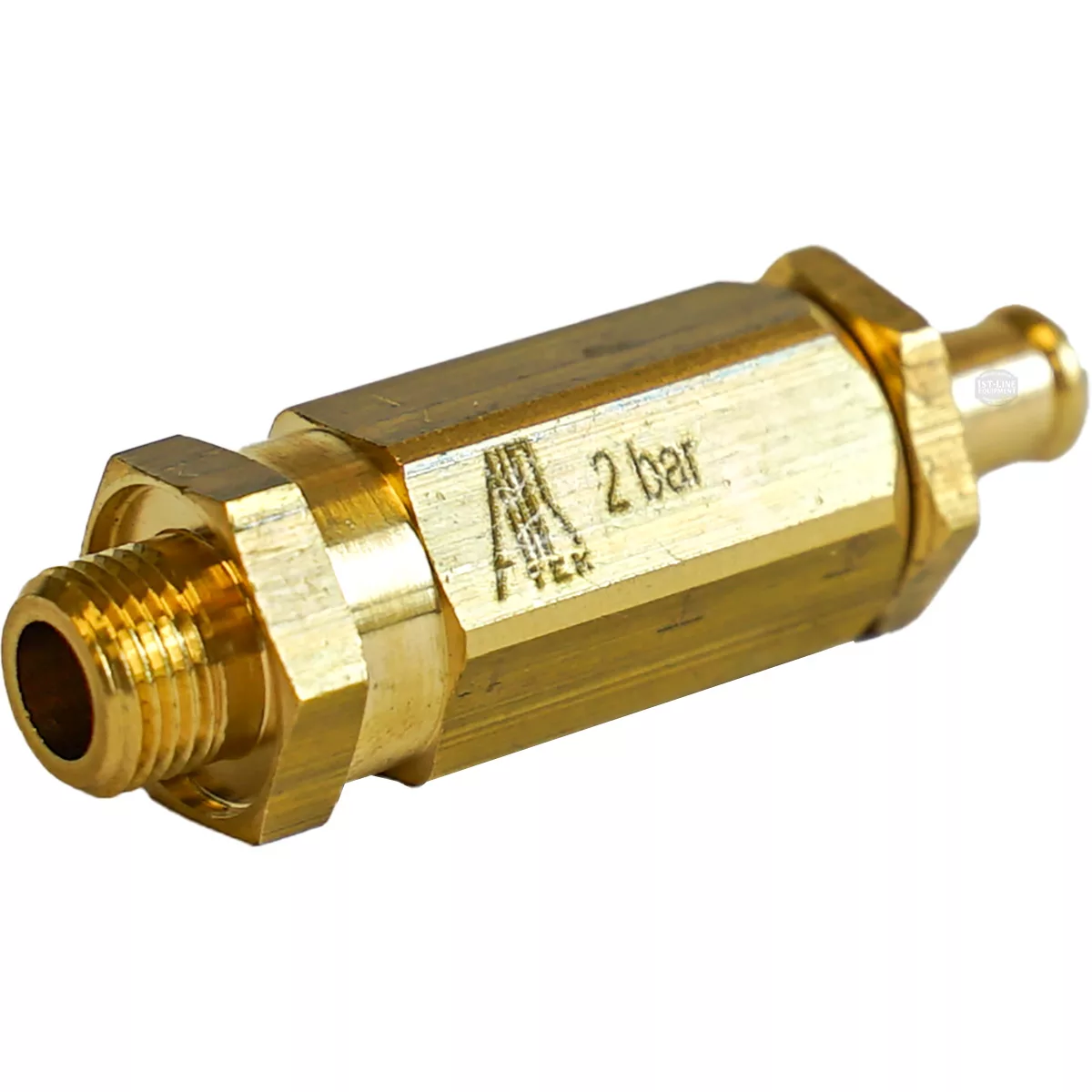 The Lelit 9700014 Safety Valve features a brass hex body, threaded male end, small nozzle, 2 bar marking, and an engraved logo on the side. © 2025 1st-line.com