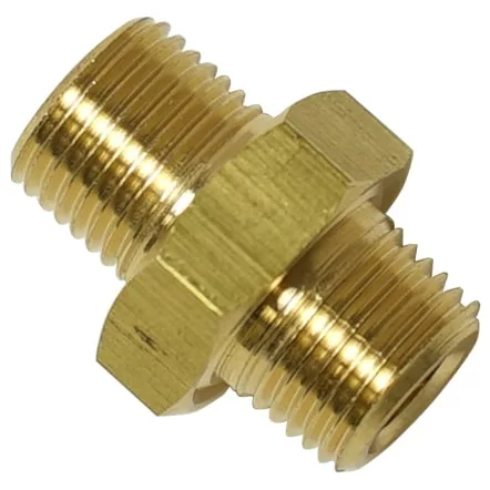 The Lelit CD024/442 Nipple Joint is a brass fitting with male threads on both ends, used to connect two female-threaded pipes or fittings in plumbing applications. © 2025 1st-line.com